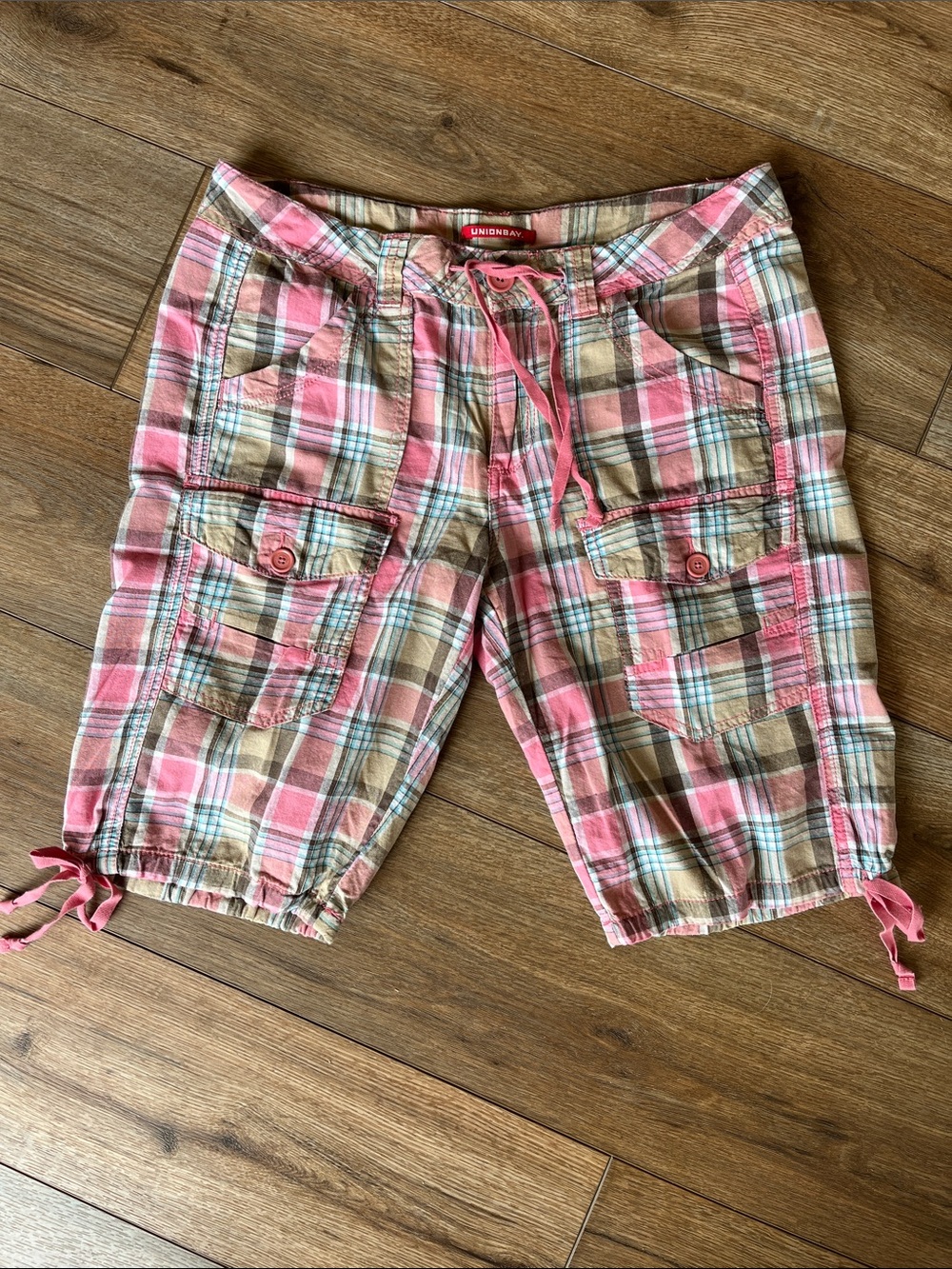 UNIONBAY Pink, Tan & Blue Plaid Cargo Bermudas